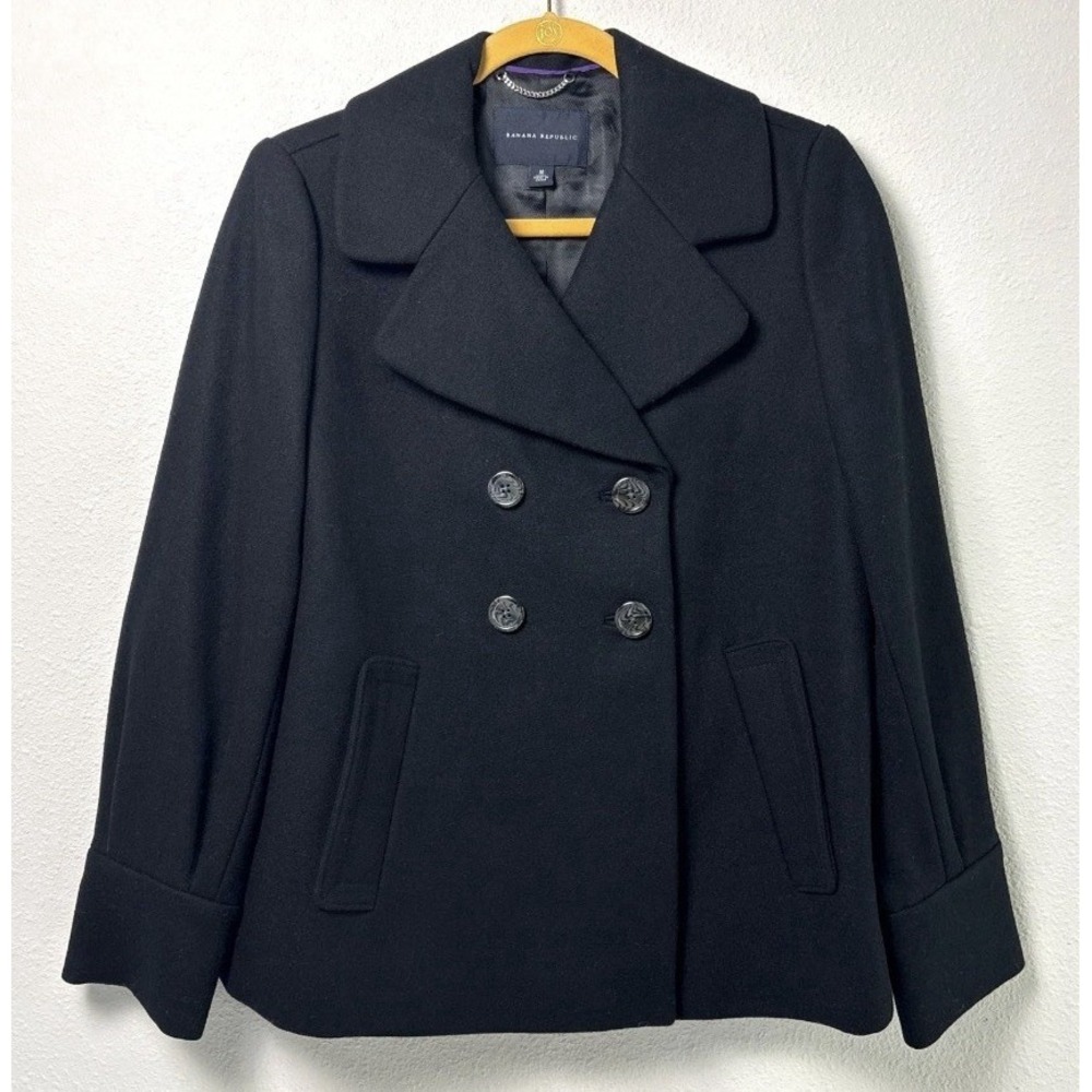 Banana Republic Pea Coat Double Breasted Womens M Black Wool Blend Pockets